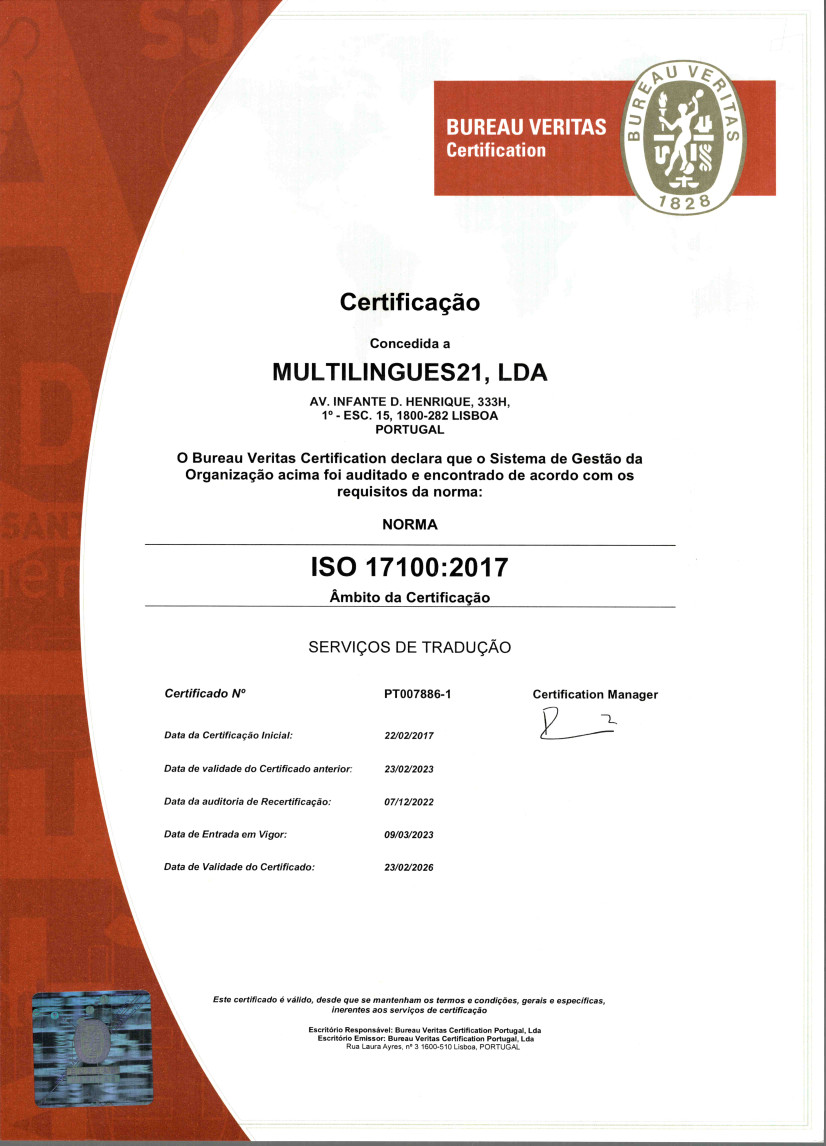 Certification ISO 17100:2015